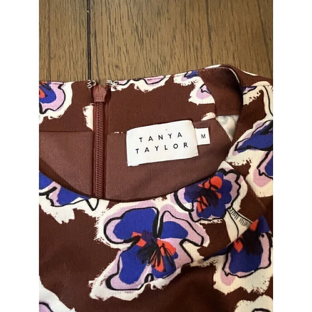 Tanya Taylor Brown Amara Floral Brown & Blue Midi Dress, 3/4 sleeves, Sz  Med